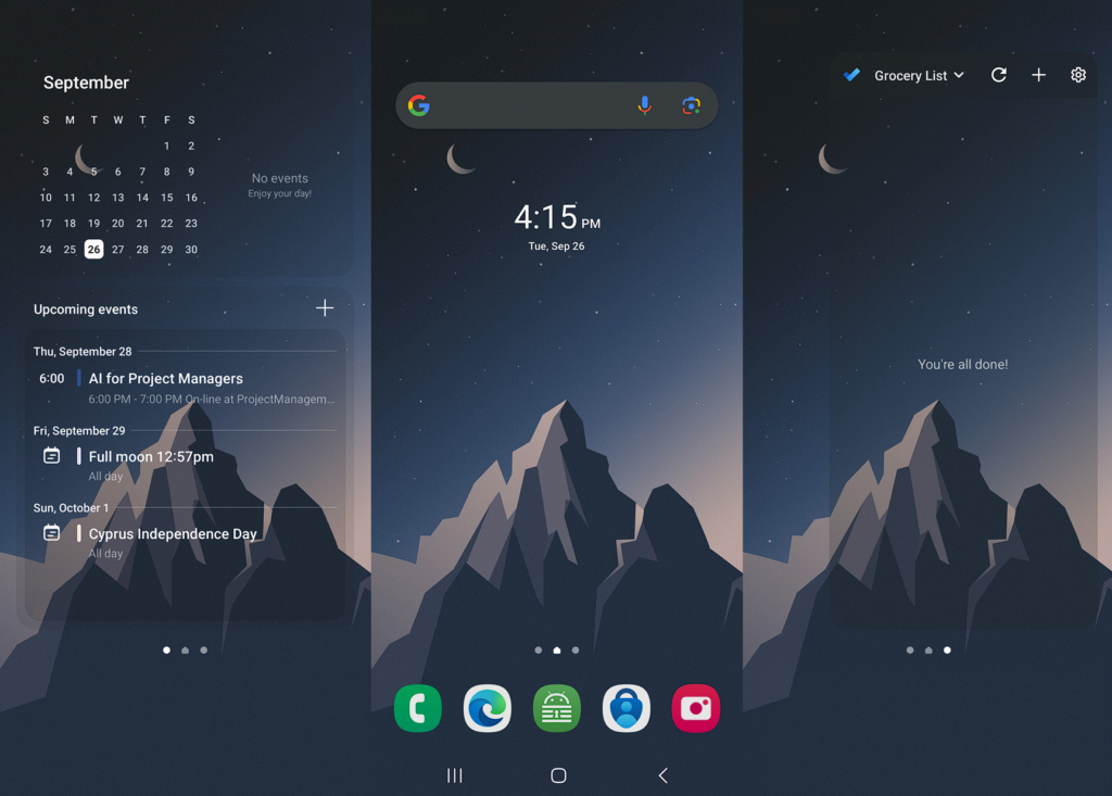 Screenshot of my Android Home screen. Contains 3 screens each with one widget: Calendar, Time/Alarm, To-Do. The Taskbar contains the apps: Dialer, Browser, Password Manager, 2-factor Authenticator and Camera.